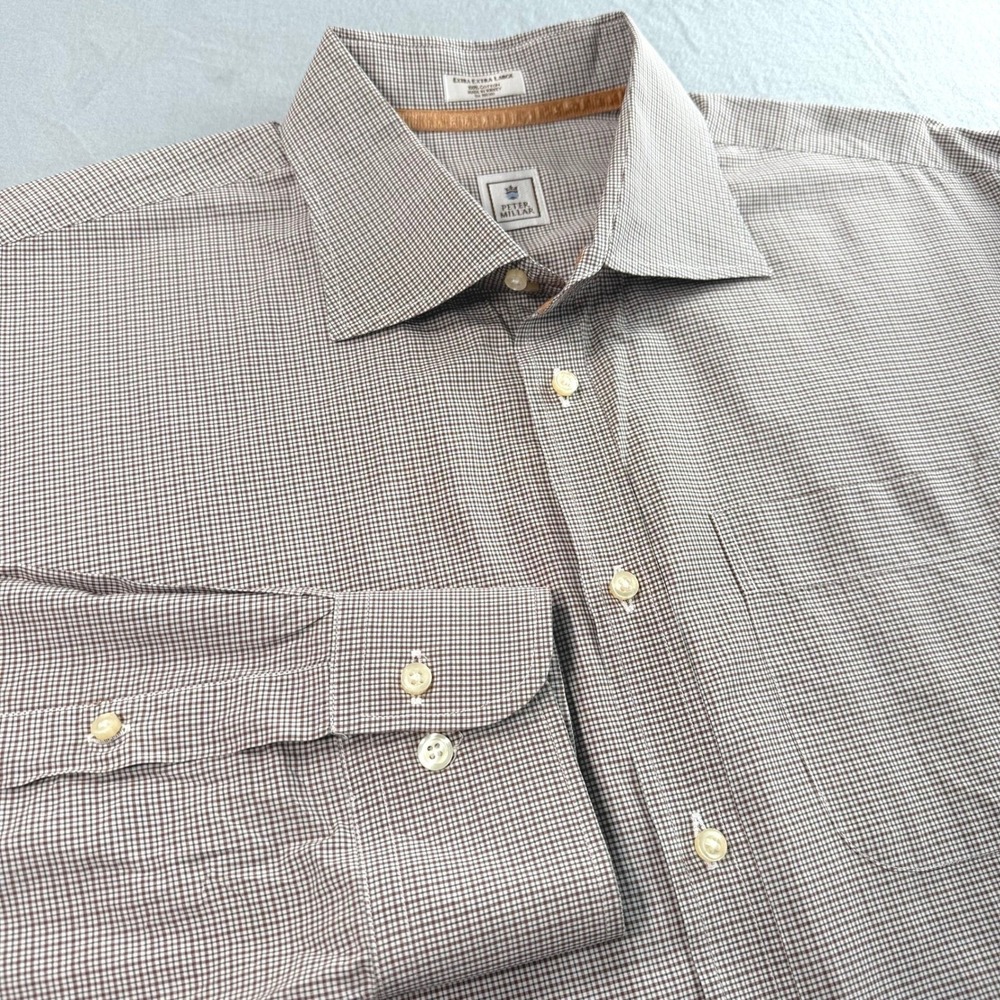 Peter Millar Shirt Mens XXL Brown Micro Check Button Down Luxury Old Money
